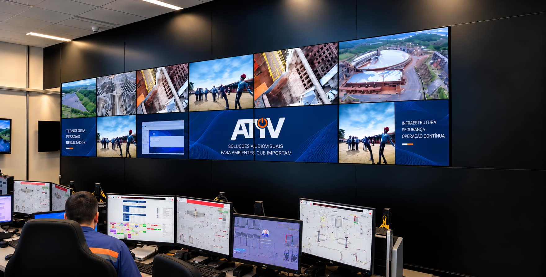 Sala de controle com videowall e mesa de operação
